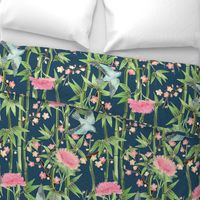 Bamboo, Birds and Blossoms on teal