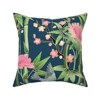 Bamboo, Birds and Blossoms on teal