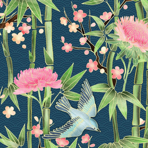 Bamboo, Birds and Blossoms on teal