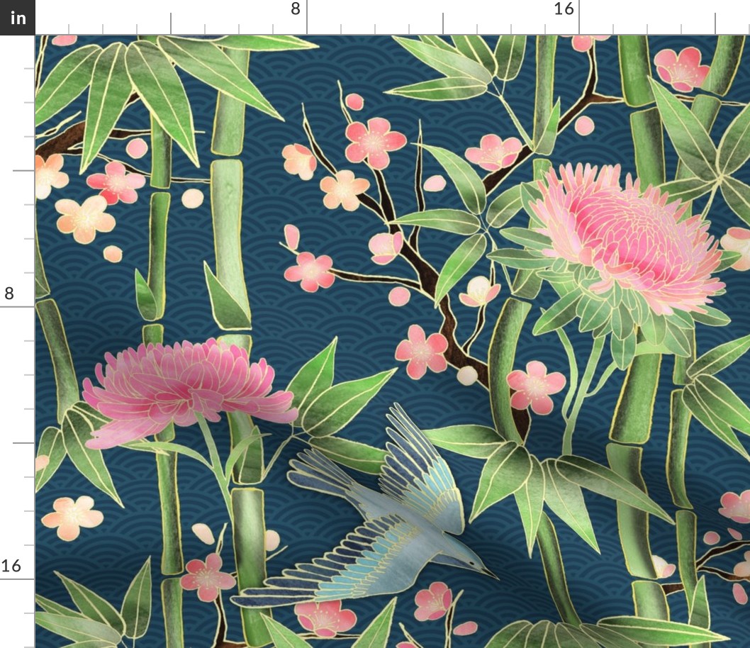 Bamboo, Birds and Blossoms on teal