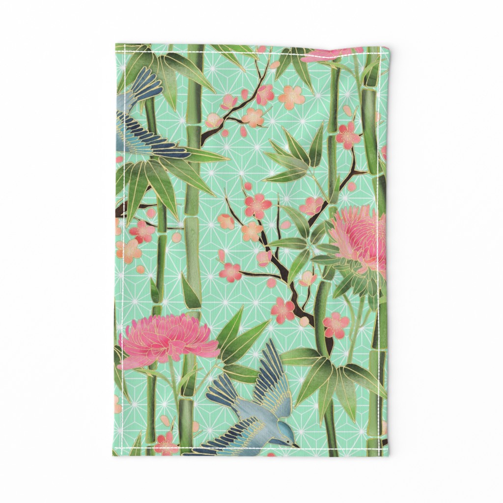 Bamboo, Birds and Blossoms on mint