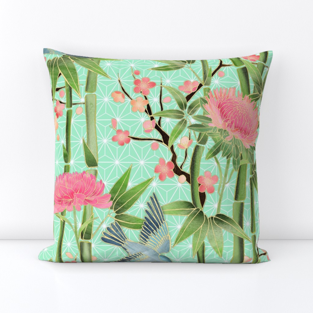 Bamboo, Birds and Blossoms on mint