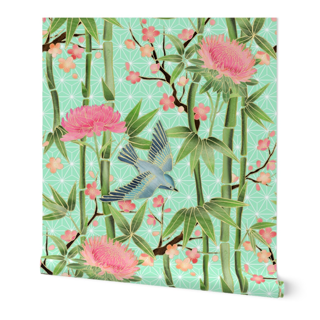 Bamboo, Birds and Blossoms on mint