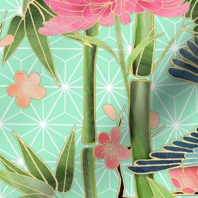 Bamboo, Birds and Blossoms on mint