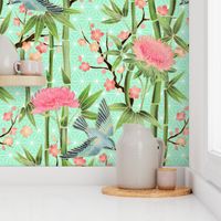 Bamboo, Birds and Blossoms on mint