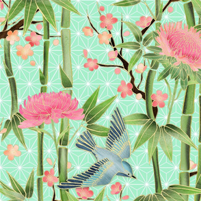 Bamboo, Birds and Blossoms on mint