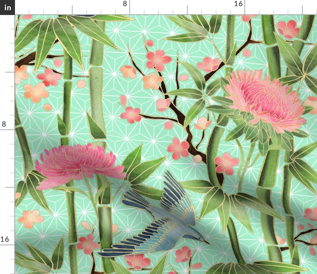 Bamboo, Birds and Blossoms on mint