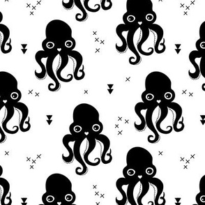 Adorable baby octopus jelly fish with geometric water bubbles in gender neutral black and white