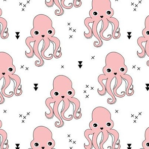 Adorable baby octopus jelly fish with geometric water bubbles in soft baby pink