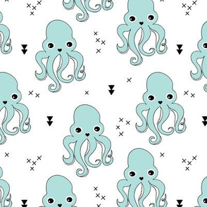 Adorable baby octopus jelly fish with geometric water bubbles in soft baby mint