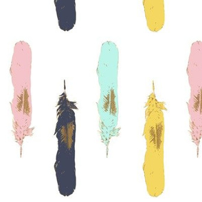 Feathers in gold on navy turquoise pink and mustard