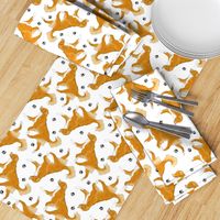 Trotting Nova Scotia duck tolling Retriever and paw prints - white