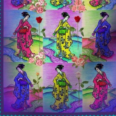 Graceful Geisha in blue, yellow and pink kimonos