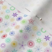 Gear-drawn spirals,  rainbow on white, tiny (4" repeat)