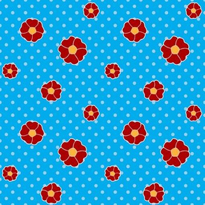 Poppies on Blue with White Polka Dots