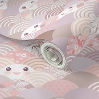  japanese cherry sakura flowers, cute kawaii faces with a smile, pastel color