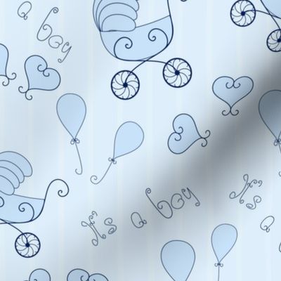 "It's a boy" celebration pattern with vintage prams, hearts, and balloons on a striped blue background.