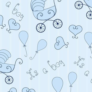 "It's a boy" celebration pattern with vintage prams, hearts, and balloons on a striped blue background.