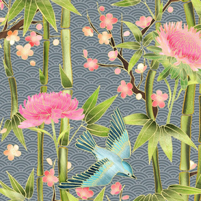 Bamboo, Birds and Blossoms on grey 