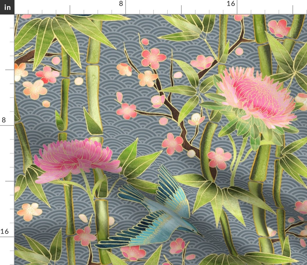 Bamboo, Birds and Blossoms on grey 