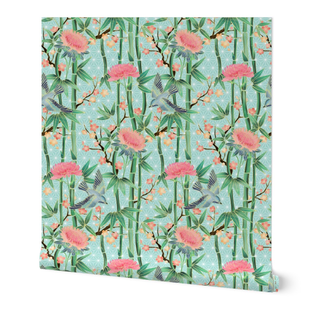 Bamboo, Birds and Blossoms on soft blue - small