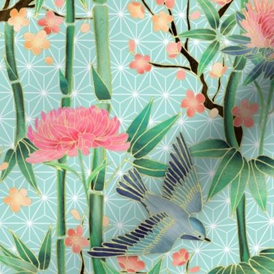 Bamboo, Birds and Blossoms on soft blue - small