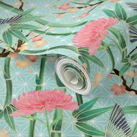 Bamboo, Birds and Blossoms on soft blue - small