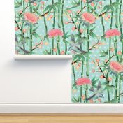 Bamboo, Birds and Blossoms on soft blue