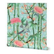 Bamboo, Birds and Blossoms on soft blue