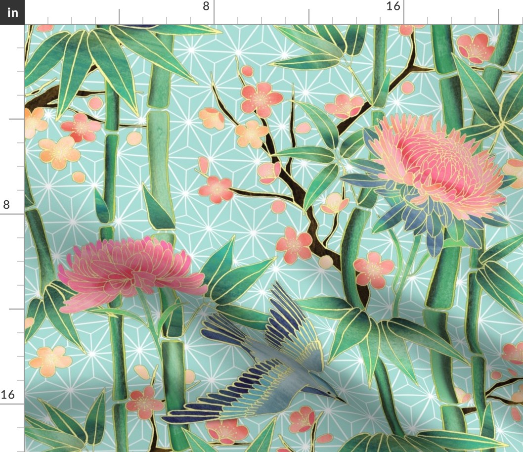 Bamboo, Birds and Blossoms on soft blue