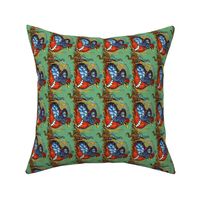 Medium - Fantastical Quail on Nest in Red-Orange, Blue, Green