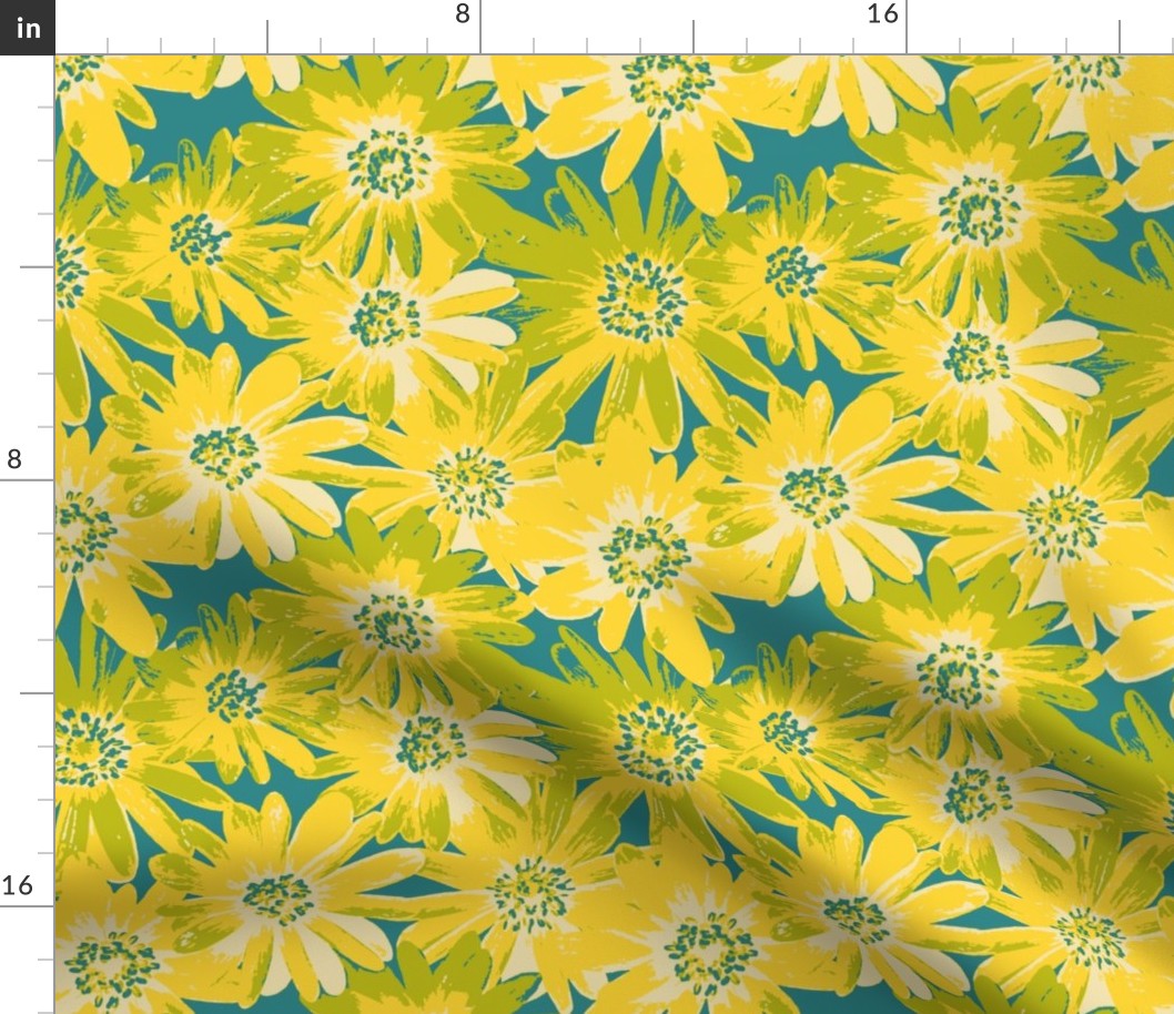 yellow anenomes on teal