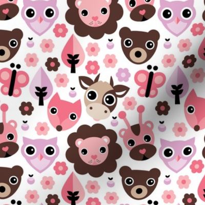 Farm life zoo safari and forest animals kids design in pink lilac