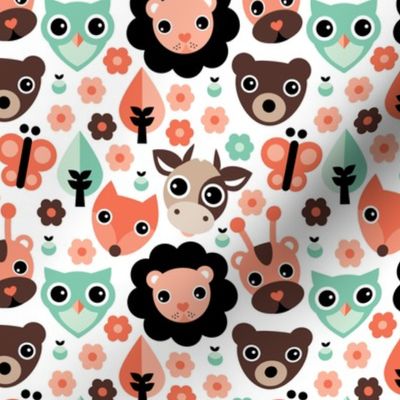 Farm life zoo safari and forest animals kids design in mint coral gender neutral