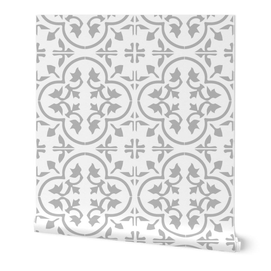 Grey Gray Light Moroccan Cement Tile Encaustic Tile Wallpaper & Fabric