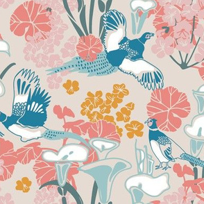 Pheasants in pink and blue