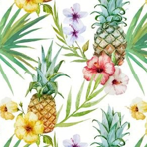 Topical Watercolor Hibiscus Flowers Pineapple