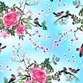 Birds and pink chrysanthemums