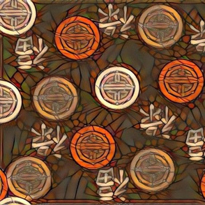 Orange-Red Chinese Medallions On Brown Stained Glass