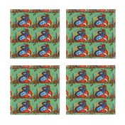 Medium - Fantastical Quail on Nest in Red-Orange, Blue, Green