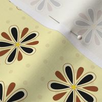 16-11C Retro 50s Brown floral || lemon black flower petals on pale pastel yellow polka dot _ Miss Chiff Designs  