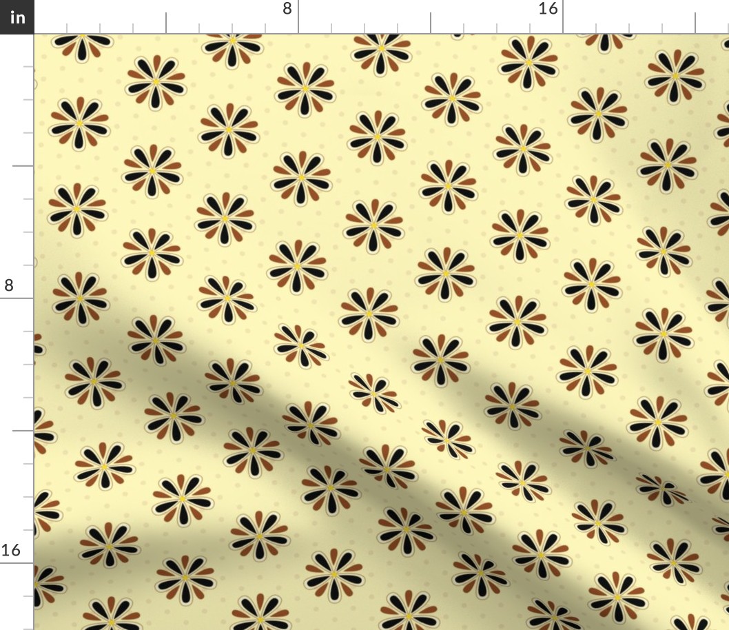 16-11C Retro 50s Brown floral || lemon black flower petals on pale pastel yellow polka dot _ Miss Chiff Designs  
