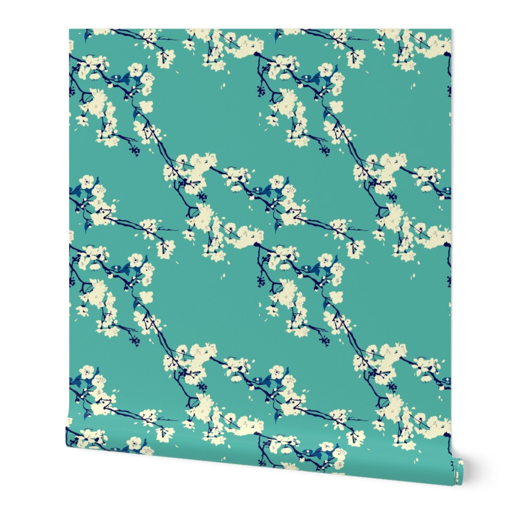 Cherry Blossoms in Aqua // Modern Japanese floral pattern by Zoe Charlotte