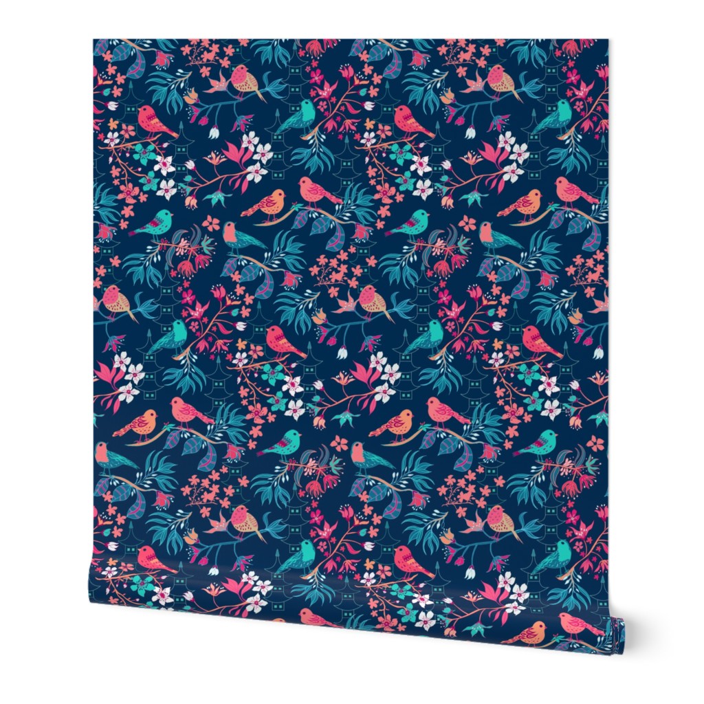 Birds and Blossom Dark Blue