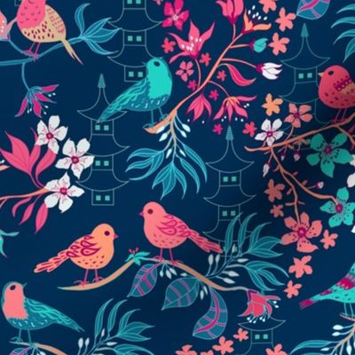 Birds and Blossom Dark Blue