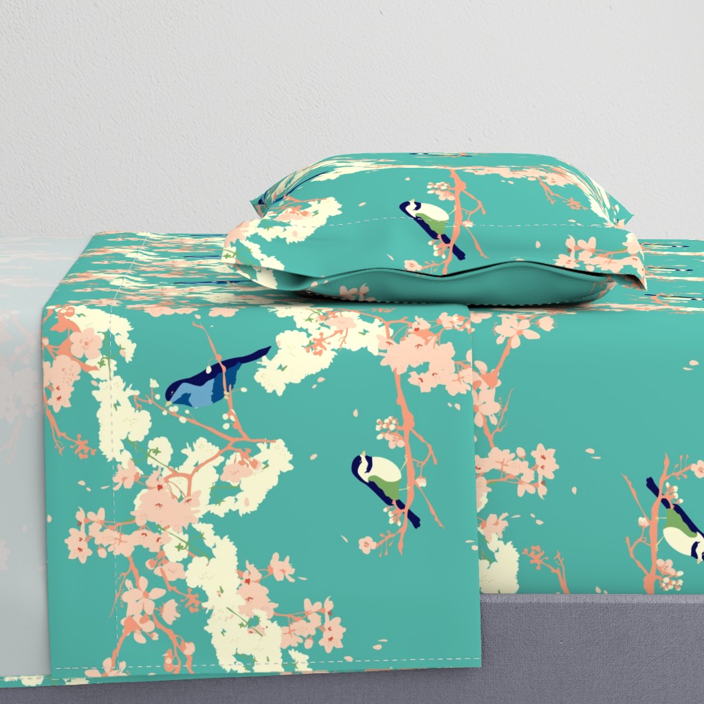 Birds and Blossoms in Aqua // Modern Japanese floral pattern by Zoe Charlotte