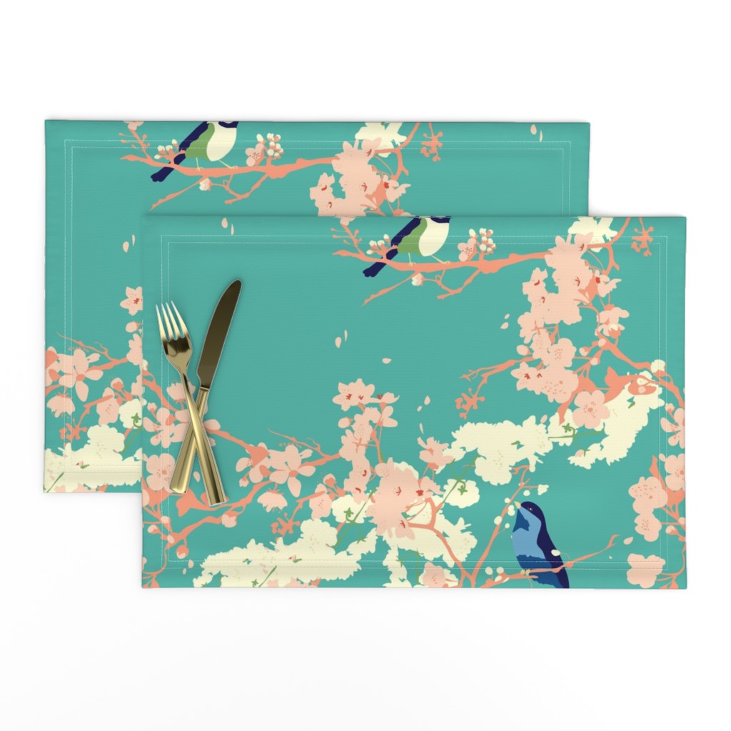 Birds and Blossoms in Aqua // Modern Japanese floral pattern by Zoe Charlotte