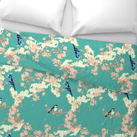 Birds and Blossoms in Aqua // Modern Japanese floral pattern by Zoe Charlotte