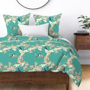 Birds and Blossoms in Aqua // Modern Japanese floral pattern by Zoe Charlotte