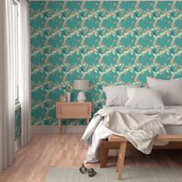 Birds and Blossoms in Aqua // Modern Japanese floral pattern by Zoe Charlotte